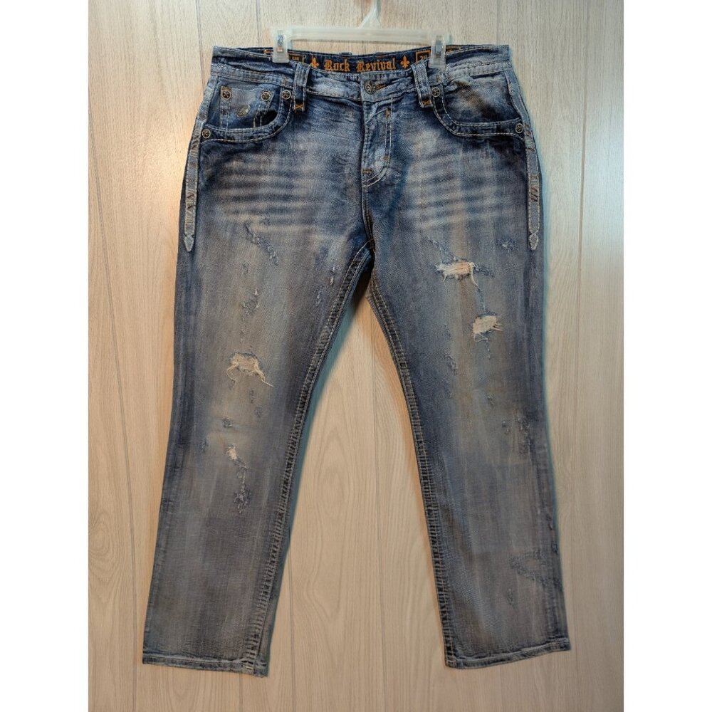 Mens Rock Revival Destroyed KEIFER Relaxed Straight Faux Flaps Jeans 40x33